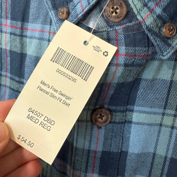 Duluth Trading Co Men's Free Swingin' Flannel Shirt Slim Fit Blue Medium NEW - Picture 4 of 7